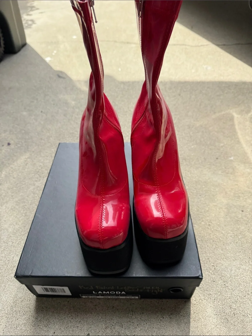 LaModa Red Patent Platform Wedge Boots with Black Sole